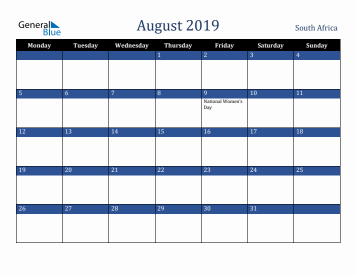 August 2019 South Africa Calendar (Monday Start)