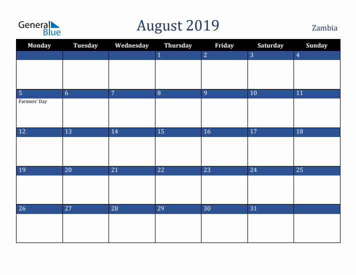 August 2019 Zambia Calendar (Monday Start)