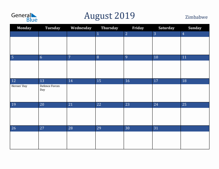 August 2019 Zimbabwe Calendar (Monday Start)