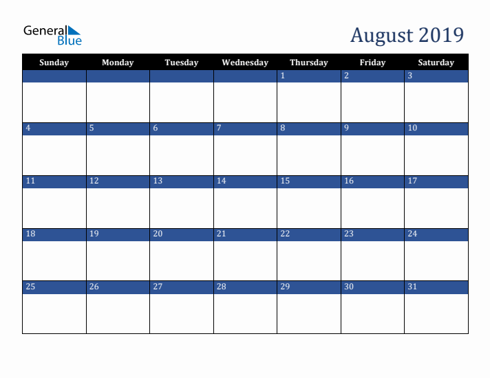 Sunday Start Calendar for August 2019