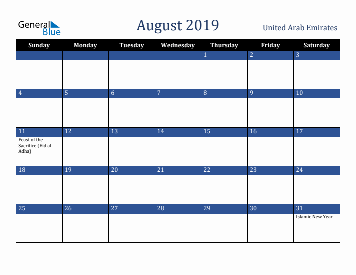 August 2019 United Arab Emirates Calendar (Sunday Start)