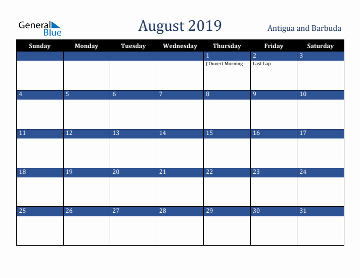 August 2019 Antigua and Barbuda Calendar (Sunday Start)