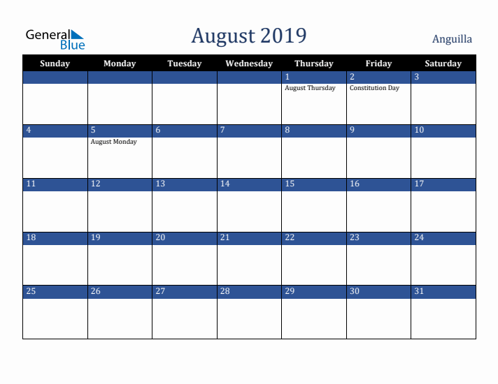 August 2019 Anguilla Calendar (Sunday Start)