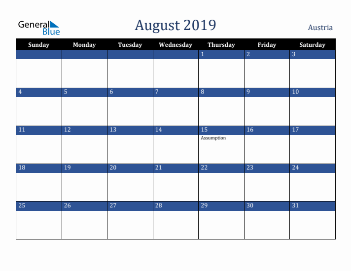 August 2019 Austria Calendar (Sunday Start)