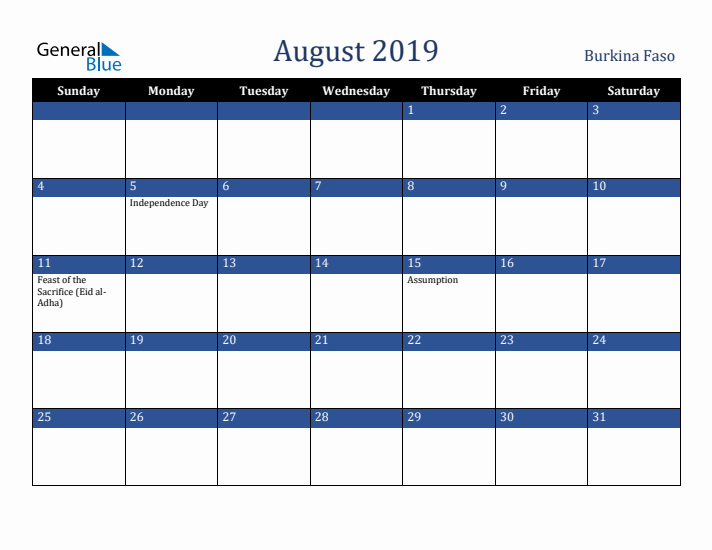 August 2019 Burkina Faso Calendar (Sunday Start)