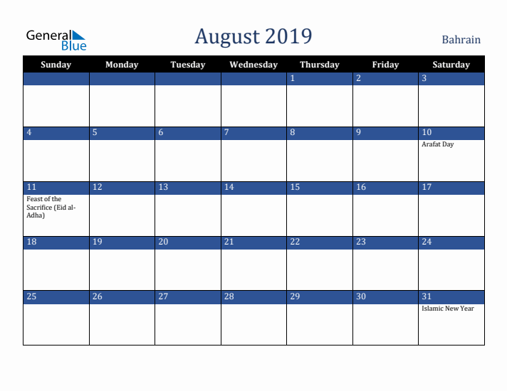 August 2019 Bahrain Calendar (Sunday Start)
