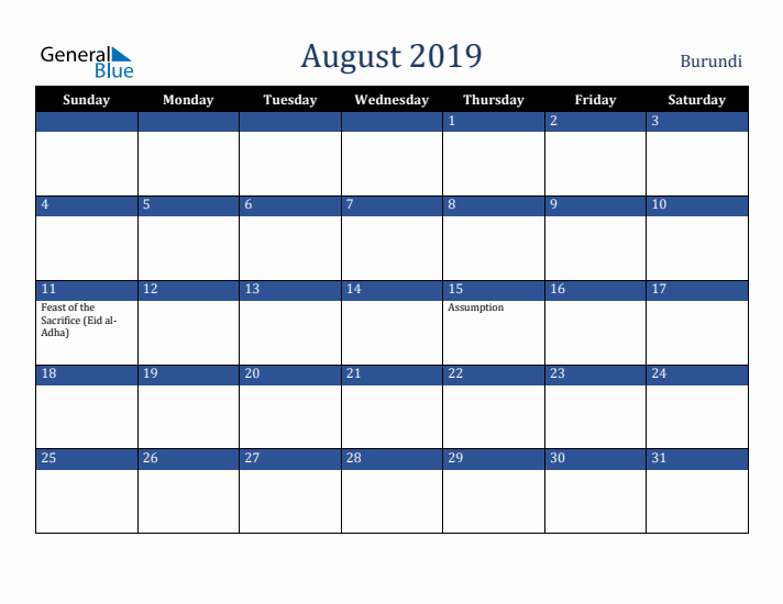 August 2019 Burundi Calendar (Sunday Start)