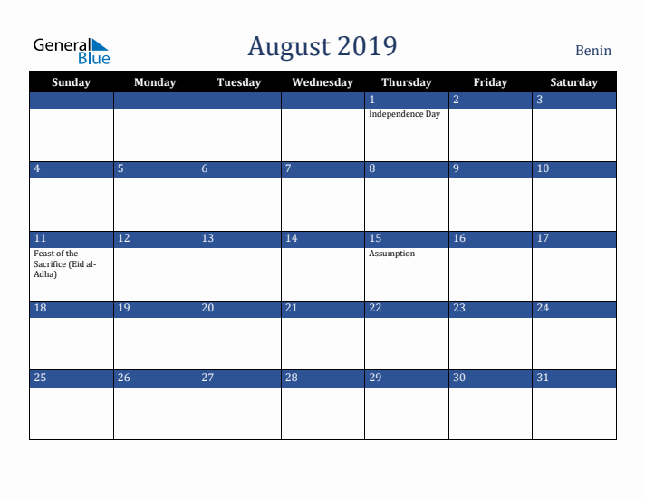August 2019 Benin Calendar (Sunday Start)