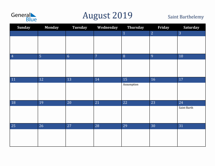 August 2019 Saint Barthelemy Calendar (Sunday Start)