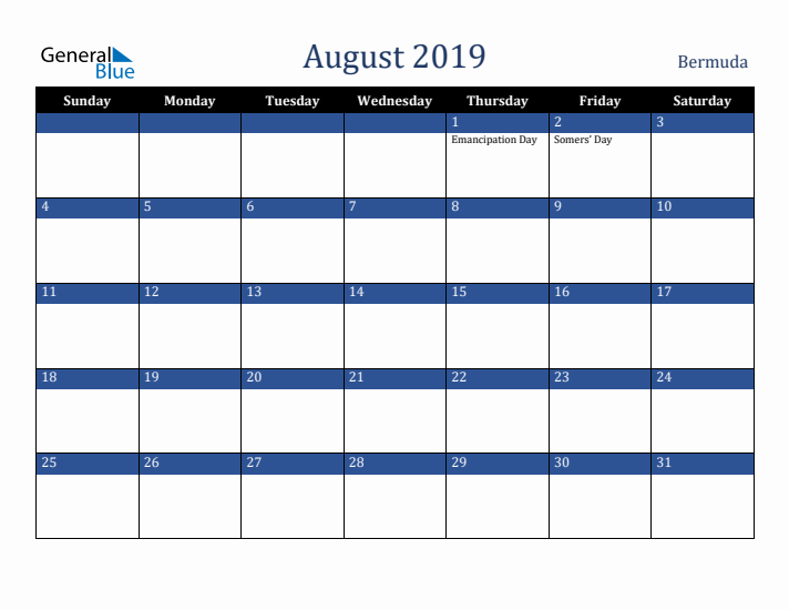 August 2019 Bermuda Calendar (Sunday Start)