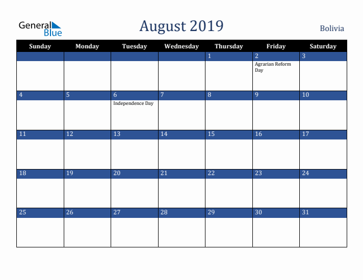 August 2019 Bolivia Calendar (Sunday Start)