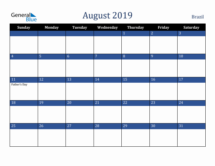August 2019 Brazil Calendar (Sunday Start)
