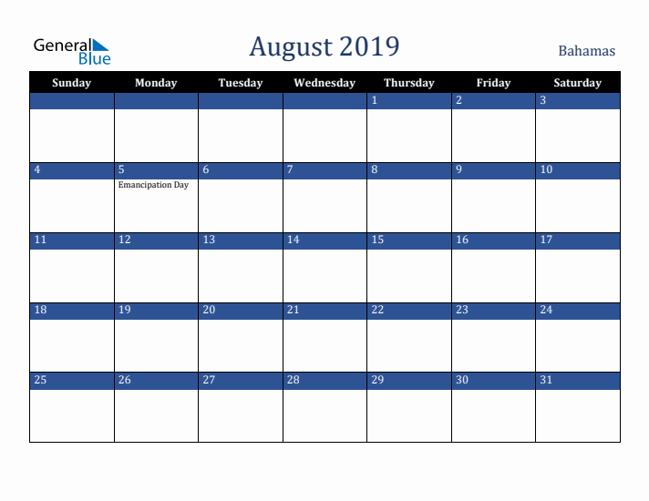 August 2019 Bahamas Calendar (Sunday Start)