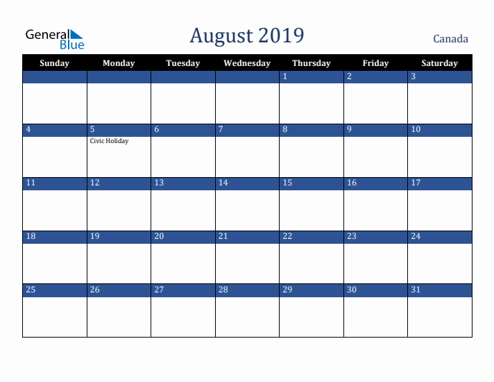 August 2019 Canada Calendar (Sunday Start)