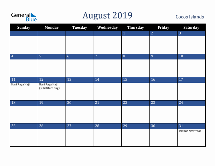 August 2019 Cocos Islands Calendar (Sunday Start)
