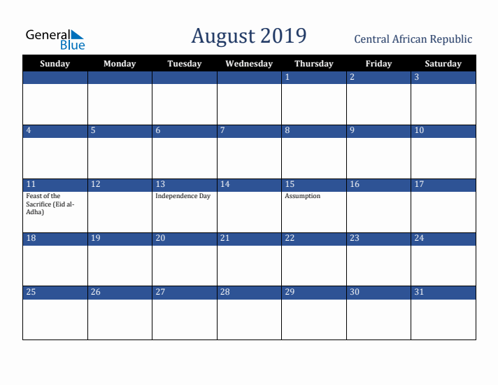August 2019 Central African Republic Calendar (Sunday Start)