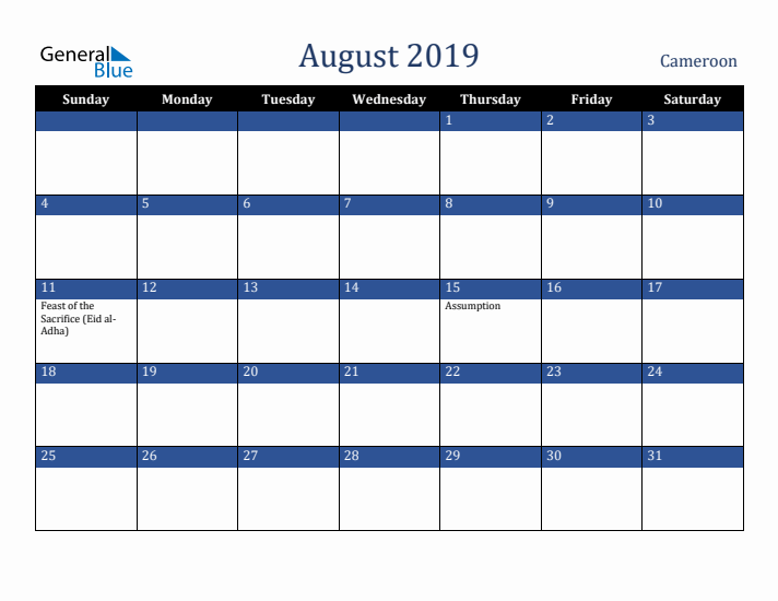 August 2019 Cameroon Calendar (Sunday Start)