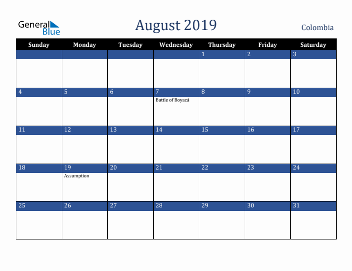 August 2019 Colombia Calendar (Sunday Start)