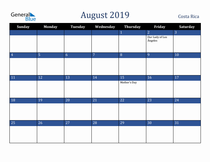 August 2019 Costa Rica Calendar (Sunday Start)