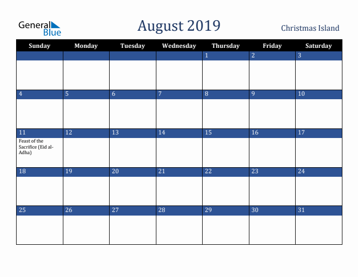 August 2019 Christmas Island Calendar (Sunday Start)
