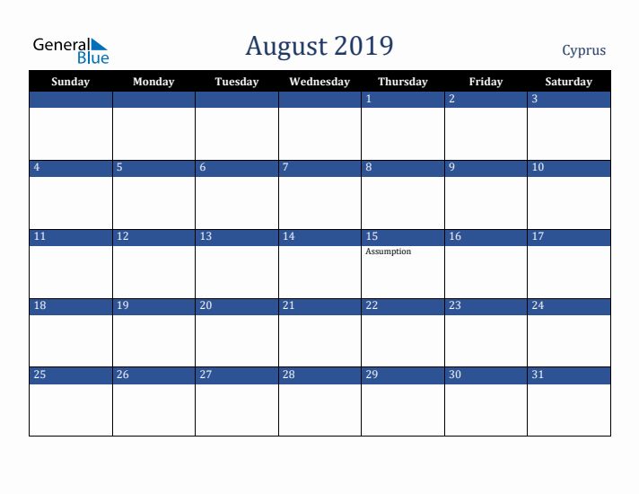 August 2019 Cyprus Calendar (Sunday Start)