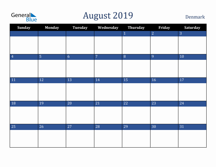 August 2019 Denmark Calendar (Sunday Start)