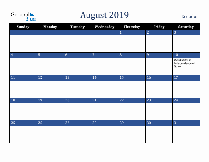 August 2019 Ecuador Calendar (Sunday Start)