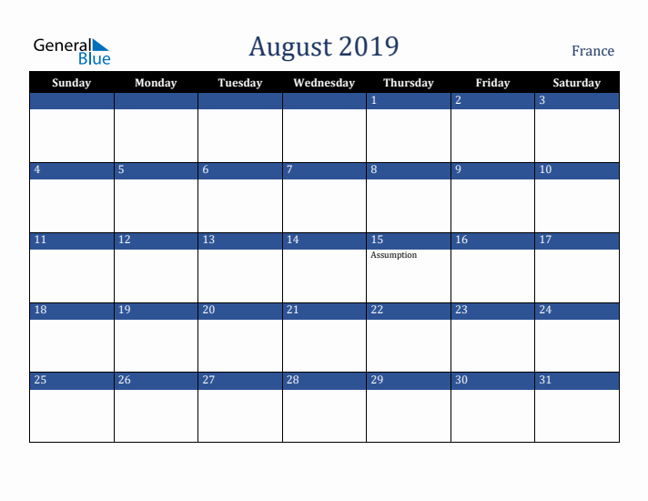 August 2019 France Calendar (Sunday Start)