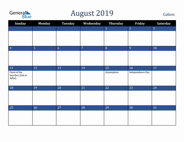 August 2019 Gabon Calendar (Sunday Start)