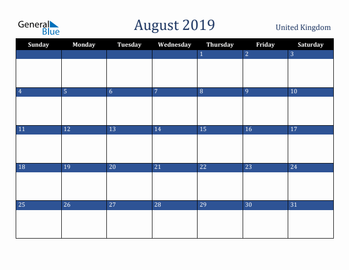 August 2019 United Kingdom Calendar (Sunday Start)