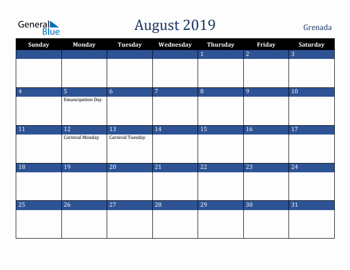 August 2019 Grenada Calendar (Sunday Start)