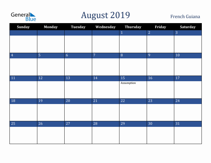 August 2019 French Guiana Calendar (Sunday Start)
