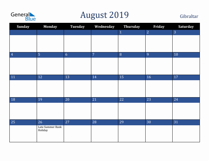 August 2019 Gibraltar Calendar (Sunday Start)