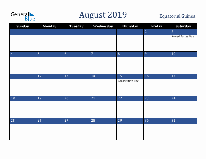 August 2019 Equatorial Guinea Calendar (Sunday Start)
