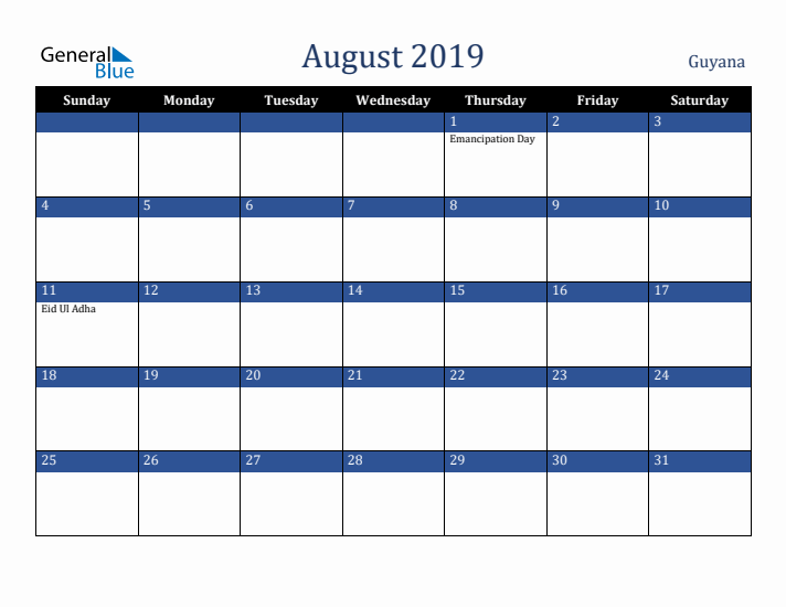 August 2019 Guyana Calendar (Sunday Start)