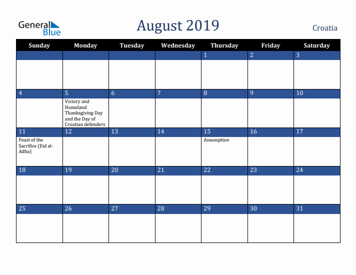 August 2019 Croatia Calendar (Sunday Start)