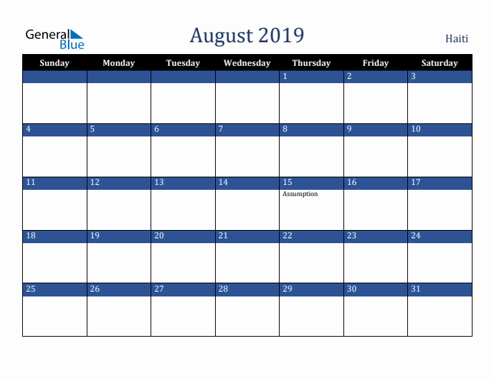 August 2019 Haiti Calendar (Sunday Start)