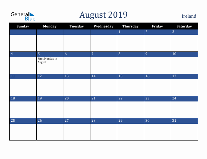 August 2019 Ireland Calendar (Sunday Start)