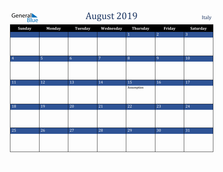 August 2019 Italy Calendar (Sunday Start)
