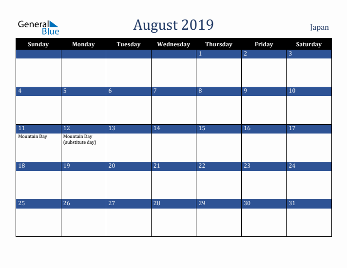 August 2019 Japan Calendar (Sunday Start)