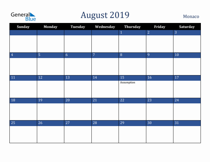August 2019 Monaco Calendar (Sunday Start)