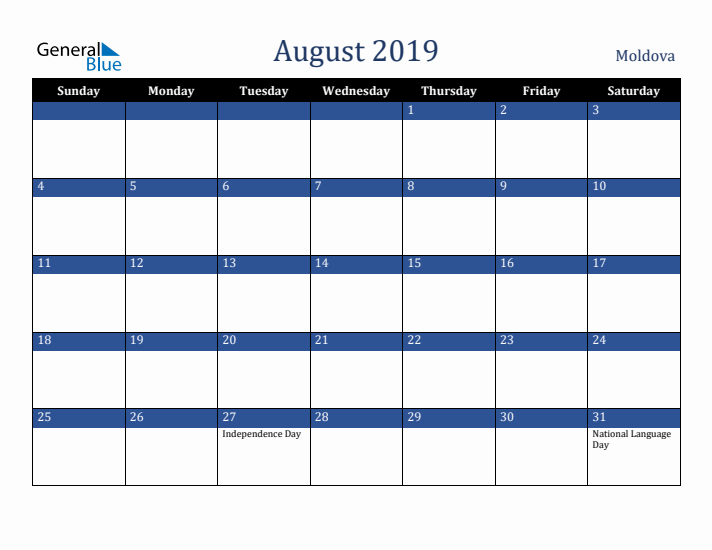 August 2019 Moldova Calendar (Sunday Start)