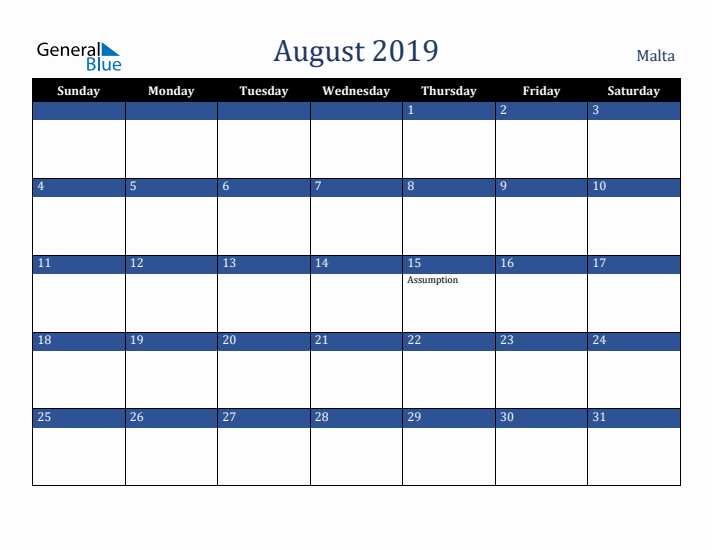 August 2019 Malta Calendar (Sunday Start)