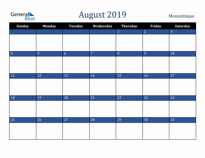 August 2019 Mozambique Calendar (Sunday Start)