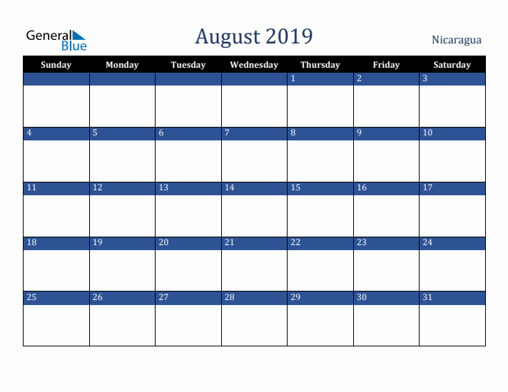 August 2019 Nicaragua Calendar (Sunday Start)