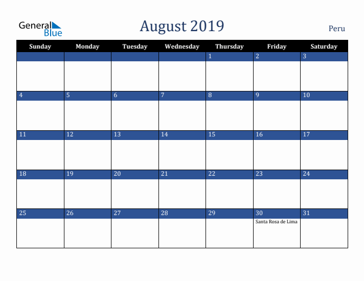 August 2019 Peru Calendar (Sunday Start)