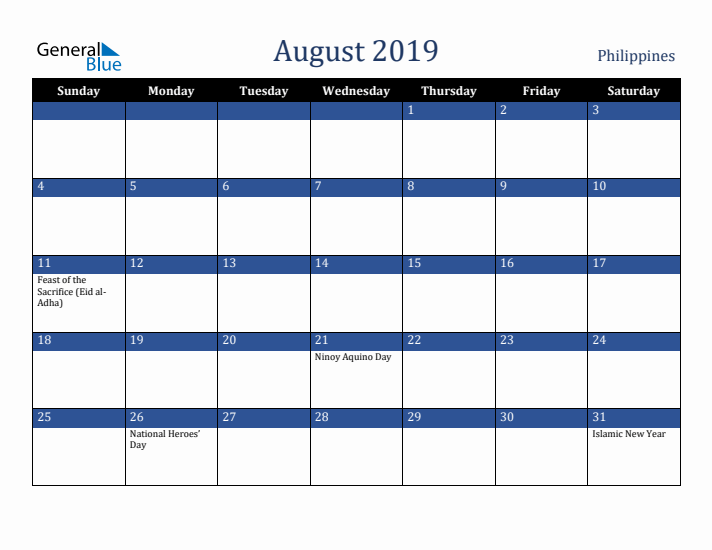 August 2019 Philippines Calendar (Sunday Start)