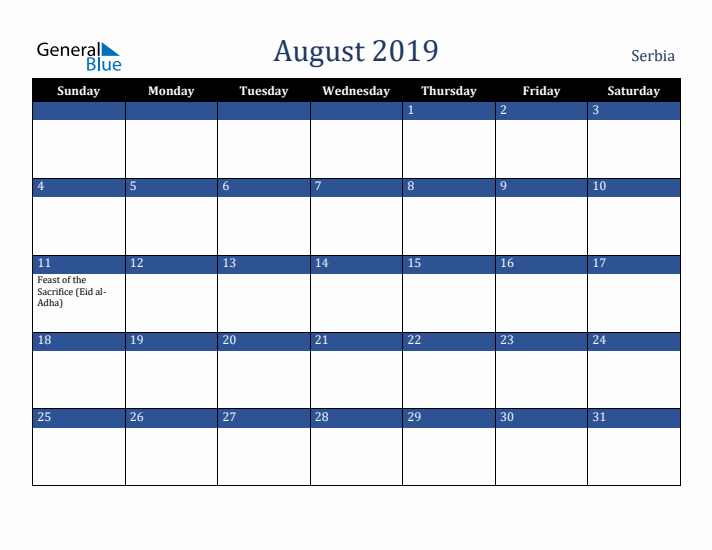 August 2019 Serbia Calendar (Sunday Start)