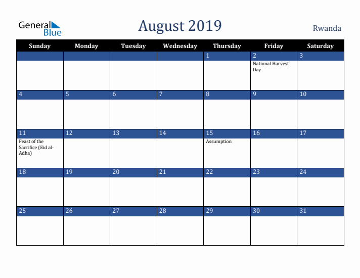 August 2019 Rwanda Calendar (Sunday Start)