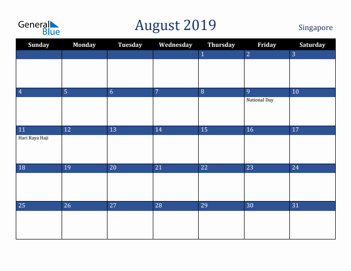 August 2019 Singapore Calendar (Sunday Start)